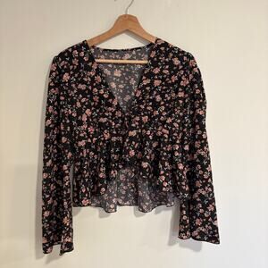 Y2K Floral Babydoll Tie Front Blouse Womens Size S Long Sleeve Coquette Boho